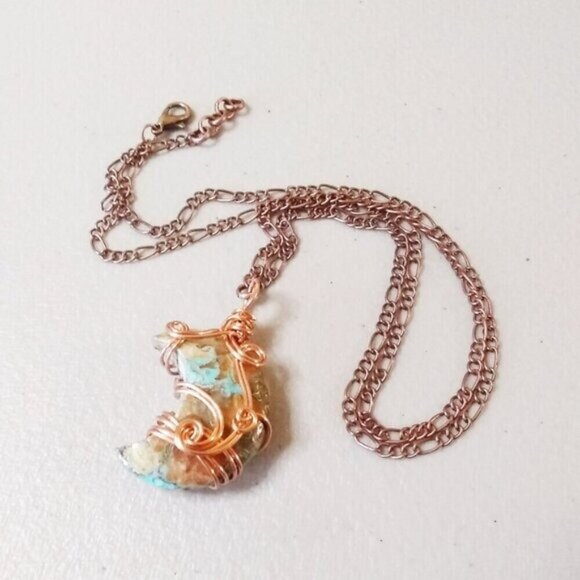 Boho Moon Goddess! Crescent Moon Necklace ~ Turquoise Agate + Quartz Composition - Picture 2 of 11